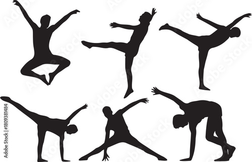 Silhouettes of dancers in various poses against a white background showcase movement