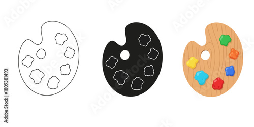 Artists Palette In Three styles vector set line art, silhouette and color version for creative projects and art education