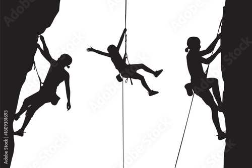 Silhouetted rock climbers scaling cliffs and rappelling in a dynamic composition
