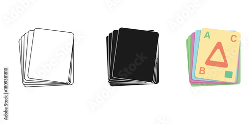 Stack of Playing Cards InThree styles vector set line art, silhouette and color version, representing fun, learning, and entertainment