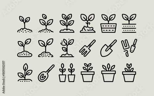 Collection of hand drawn seedling and gardening tool icons