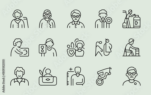 Collection of line art icons representing diverse people and services