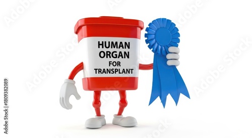 Human organ for transplant container character holding blue ribbon of success