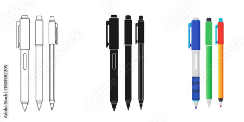 Pens InThree styles vector set line art, silhouette and color version
