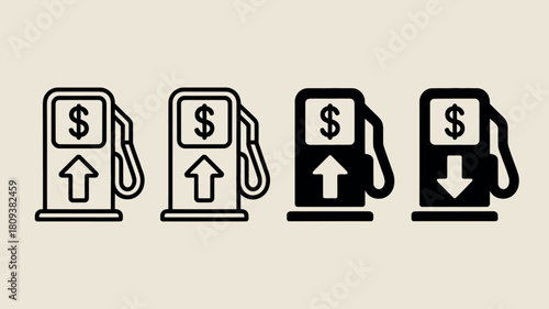 Gas pump icons showing price increase and decrease with dollar sign
