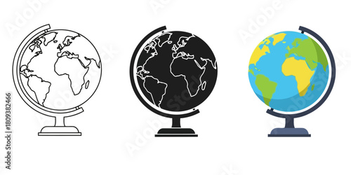 Globes Three styles vector set line art, silhouette and color version