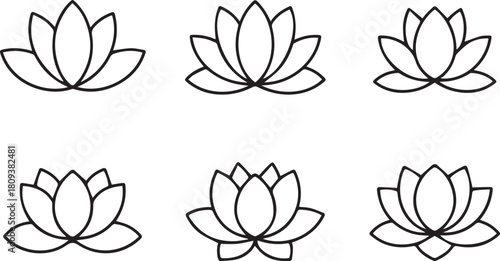 Six lotus flowers in a simple line drawing style against a white background