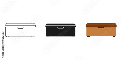 Wooden Storage Chest In Three styles vector set line art, silhouette and color version, showcasing a simple design with a hinged lid and a small handle