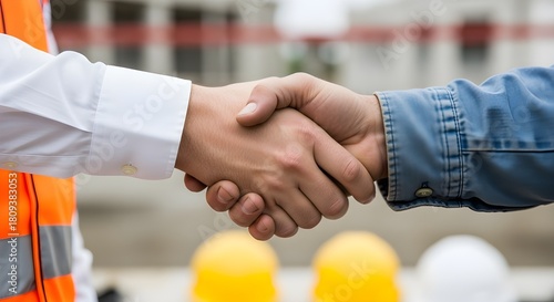 Successful construction deal handshake symbolizes trust and teamwork at a vibrant building site for modern infrastructure