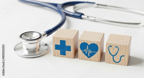 Medical stethoscope and wooden cubes with health, cross, and heart symbols