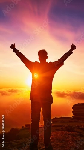 A silhouetted man stands on a rocky viewpoint at sunset, gradually lifting his arms higher as warm light intensifies behind him creating a dynamic upward motion and conveying a calm confident mood