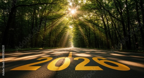 Fototapeta Naklejka Na Ścianę i Meble -  Sunrise on a tree-lined road with sun rays and the year 2026 painted on asphalt.
