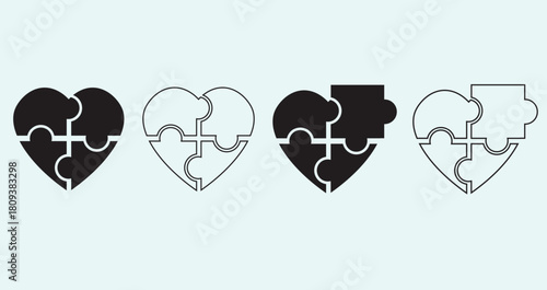 Vector heart puzzle icons representing love, connection, unity, and emotional bonds. Suitable for romantic themes, relationship concepts, wedding designs, couples illustrations, greeting cards, and cr