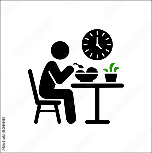Person eating a meal at a table beside a clock and a plant silhouette