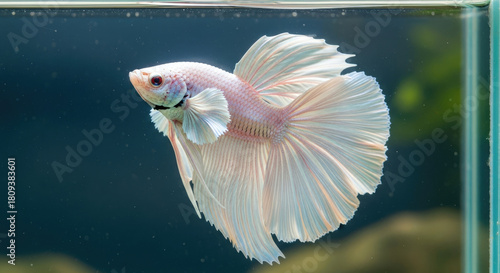 Elegant Albino Betta Fish Displaying its Graceful Fins in a Captivating Close-Up View, A Perfect Aquatic Pet