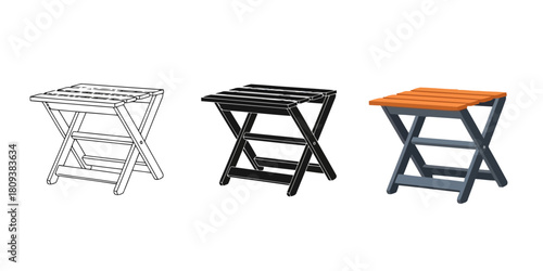 Solding Stool Three styles vector set line art, silhouette and color version, representing convenience, portability, and versatile seating