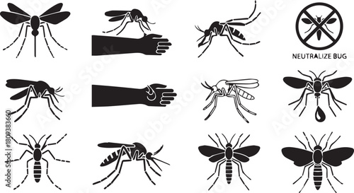 Twelve black silhouette icons of mosquitos and pest control Keywords: mosquito, mosquitos