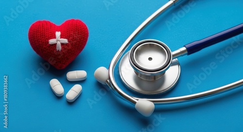 Cardiac health concept with stethoscope, medication, and a red mended heart symbol.