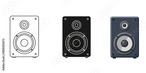 Speaker In Three styles vector set line art, silhouette and color version for versatile design applications