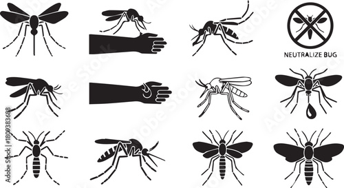Twelve black silhouette icons of mosquitos and pest control Keywords: mosquito, mosquitos