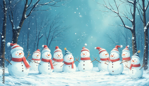 Snowmen gathering in a snowy winter landscape with trees and snowfall