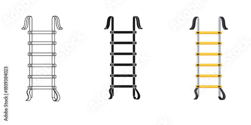 Rope Ladder In Three styles vector set line art, silhouette and color version for climbing equipment