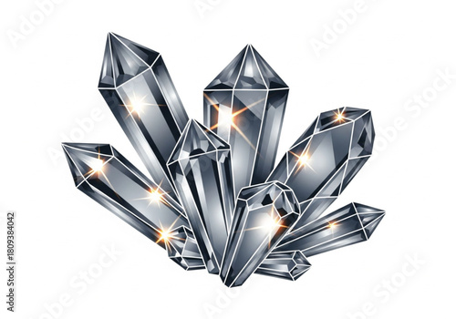 Illustration of a cluster of shiny, metallic crystals with sharp edges and reflective surfaces.