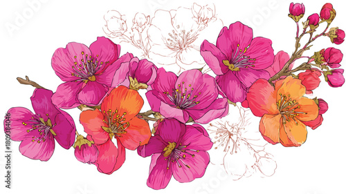 Vivid Spring Flowers Bouquet in Blossom Vector with Outline