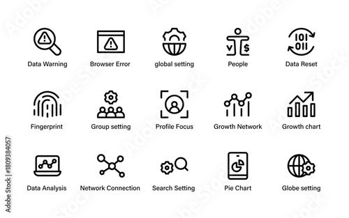 Data processing and analysis icons. visual charts, search modules, metric hubs, cloud computing, and performance tracking symbols.