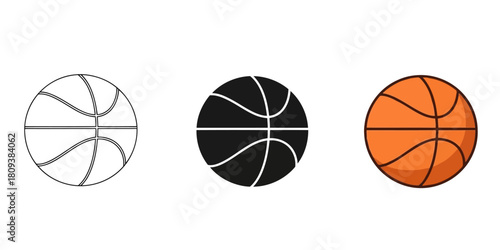 Basket Ball In Three styles vector set line art, silhouette and color version for the popular sport equipment