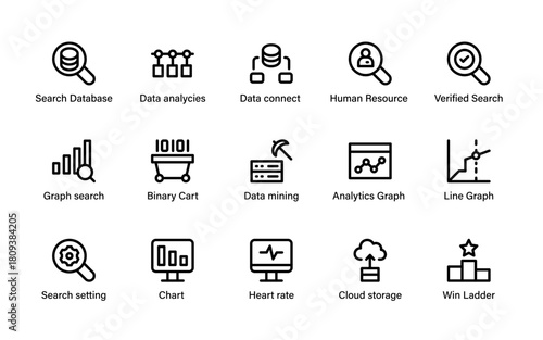 Digital analytics workflow icons. data charts, search visuals, process automation, cloud systems, and intelligence diagrams.