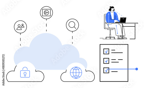 Cloud computing concept. Cloud technology showing data security, global networking, and remote work solutions. Cloud computing streamlines online storage and remote collaboration. IT, data