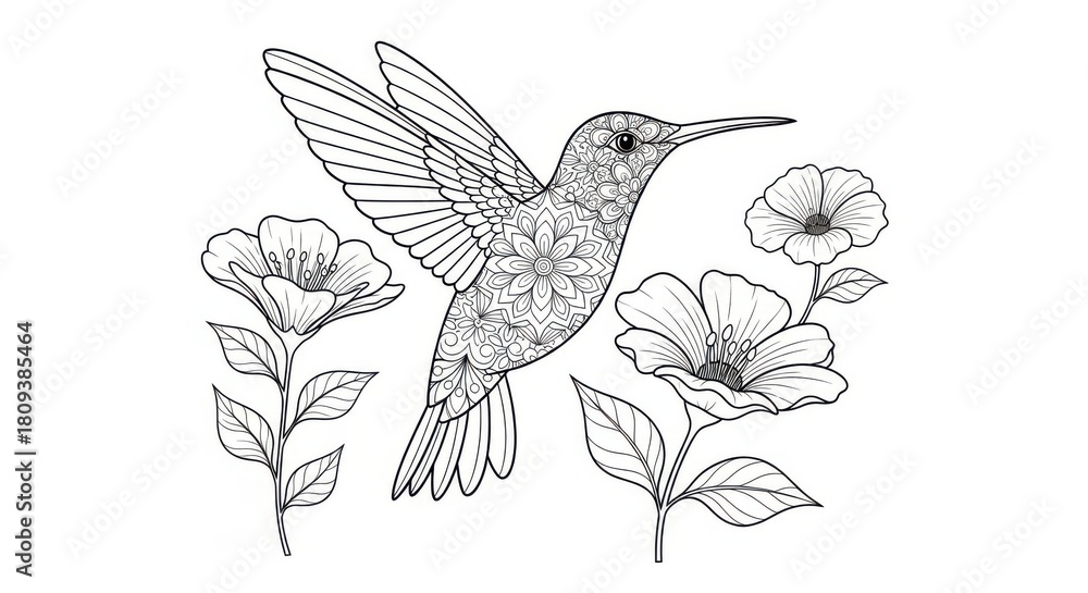 Obraz premium Hummingbird with floral patterns and flower illustration