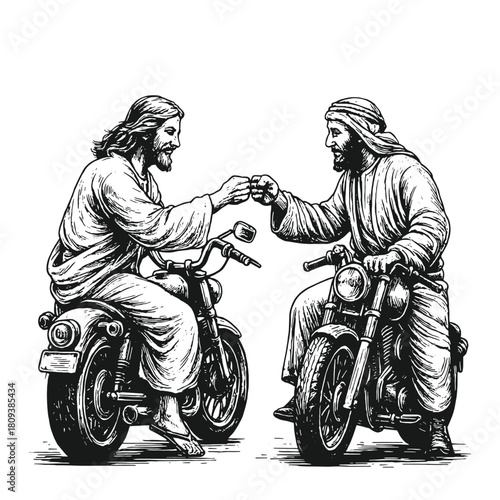 Humorous black and white vector illustration showing two men (Jesus figures) shaking hands while both sitting on separate vintage motorcycles, in a surreal and detailed style.