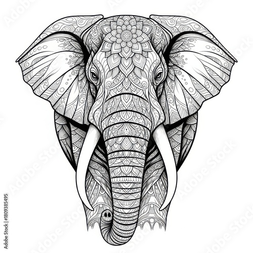 Detailed elephant head with floral pattern in black and white line art