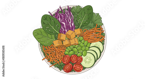 Colorful Vegan Salad Bowl with Tofu, Leafy Greens, Edamame, Cabbage, Carrots, and Cherry Tomatoes