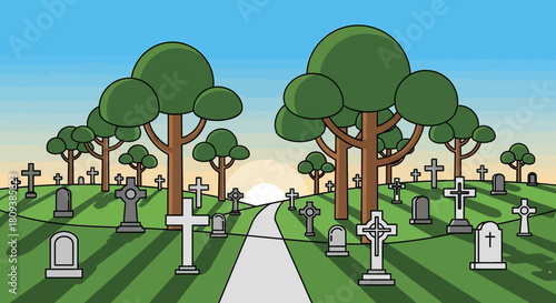 Stylized Cemetery Landscape at Sunrise with Gravestones, Trees, and Pathway in Peaceful Illustration