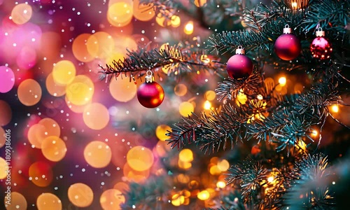 Festive Christmas tree adorned with vibrant ornaments and twinkling bokeh lights background