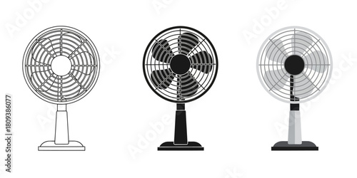  Table Fan In Three styles vector set line art, silhouette and color version for air circulation and temperature regulation in rooms