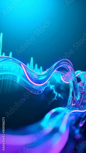 Translucent wavy lines with glowing neon edges and a sound wave pattern