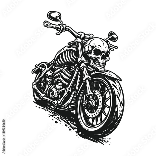 Intense black and white vector art of a powerful motorcycle with a skull integrated into its engine or body, rendered in a dynamic, gritty, and detailed illustration style for motorsports design.