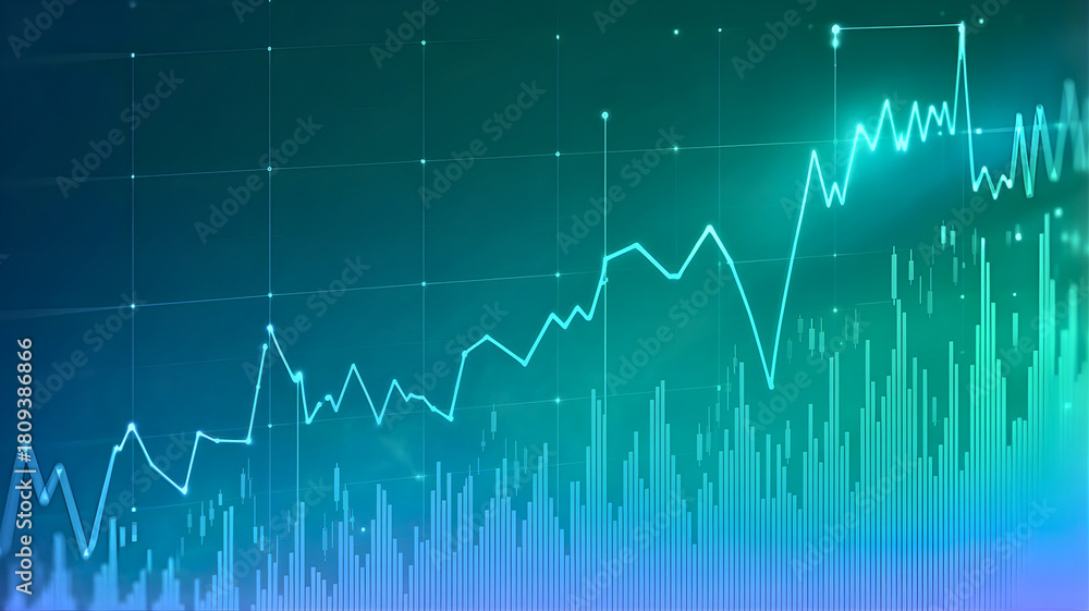 Naklejka premium Abstract financial graph with rising trend line and fluctuating data in shades of blue and green