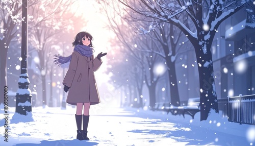 雪が降ってきたことに気が付いた女性のイラスト