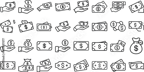 Collection of hand drawn doodle icons representing money transactions and financial concepts