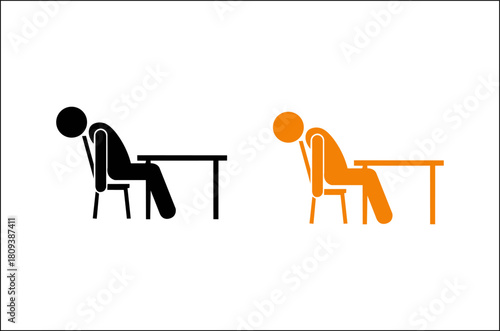 Two figures slumped over desks in a distinct silhouette style silhouette