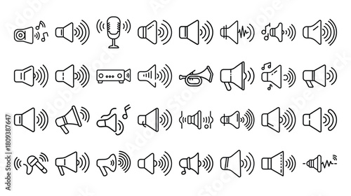 Collection of hand drawn speaker and sound icons representing volume and audio signals