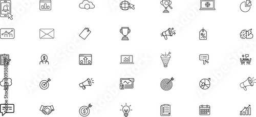 Minimal Marketing Line Icons Set, Business Strategy Icons, Analytics, Digital Marketing, Sales Funnel, Target, SEO, Promotion, Data, Growth
