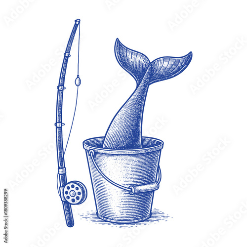 Humorous vintage-style vector illustration featuring a mermaid tail sticking out of a fishing bucket next to a fishing rod, perfect for humorous seaside and fishing-themed graphic design.