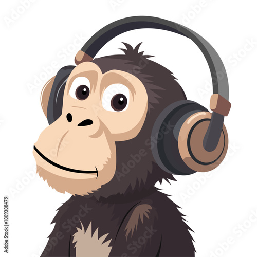 Illustration of a monkey with headphones brown character flat vector without outline