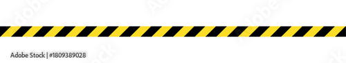 A yellow and black diagonally striped caution tape isolated on a plain white background in a horizontal view, caution tape